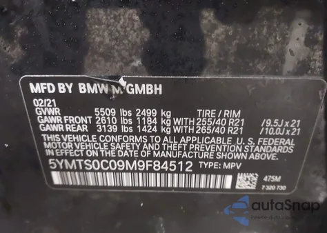 2021 BMW X3 M z USA, uszkodzony, nr VIN 5YMTS0C09M9F84512